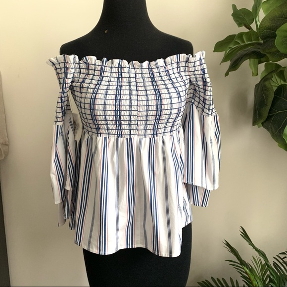 belle sky Tops - Belle sky off shoulder blue orange stripe top